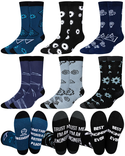 Eurzom 6 Pairs Men's Novelty Engineering Socks Funny Cotton Crew Dress Socks Birthday Father's Day Gift for Engineer Dad Grandpa