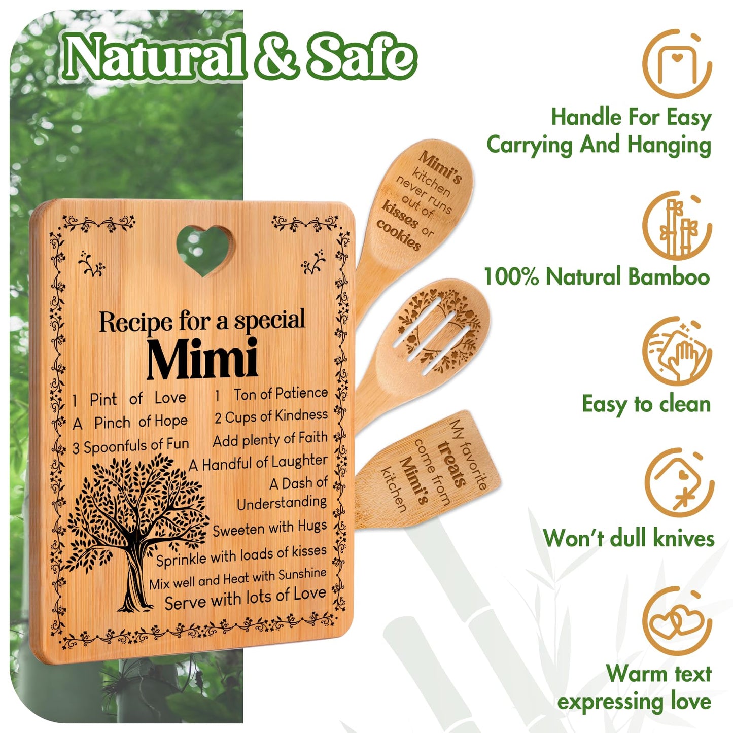 Mimi Gifts - "Recipe for a Special Mimi" Gift for Mimi Cutting Board Set, Bamboo-Made Engraved Utensil Set Best Mimi Ever Presents Cutting Board, Mothers Day Gifts for Mimi.