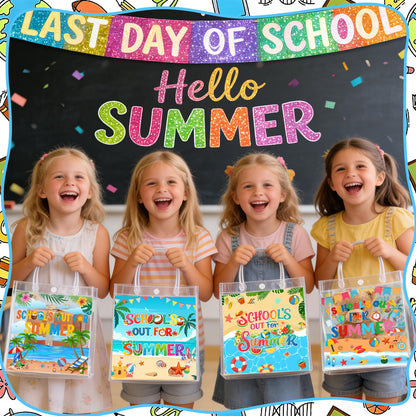Zenoble 24 Pcs End of the Year Gifts Bags, School's Out for Summer Gift Clear PVC Bags with Handles Party Goodie Candy Treat Bag for Kids Students Teacher Beach Pool Party Favors Supplies