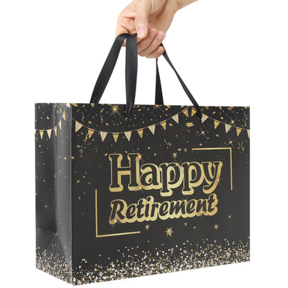 13'' Large Black Retirement Gift Bag Set with Handles, Greeting Card, Tissue Papers and Stickers for Men Women Office Coworker, Farewell Going Away Party, Happy Retirement Design, 1 Pcs