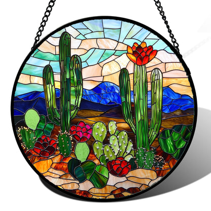 DASTOLL Stained Glass Window Hanging, Green Cactus Suncatcher for Doors Window Home Plant Landscape Sun Catchers Decoration Mother's Day Birthday Gifts for Women, Men, and Mom 7.8 in