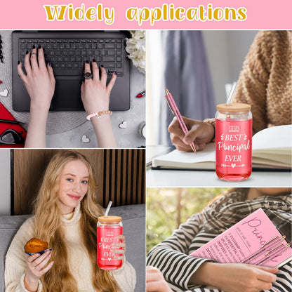 Vesici 6 Pcs Principal Appreciation Gifts for Men Women Best Principal Ever Glass Tumbler Inspirational Leather Notebook Pen Bracelet Gift Bag for Graduation Birthday Retirement(Pink)