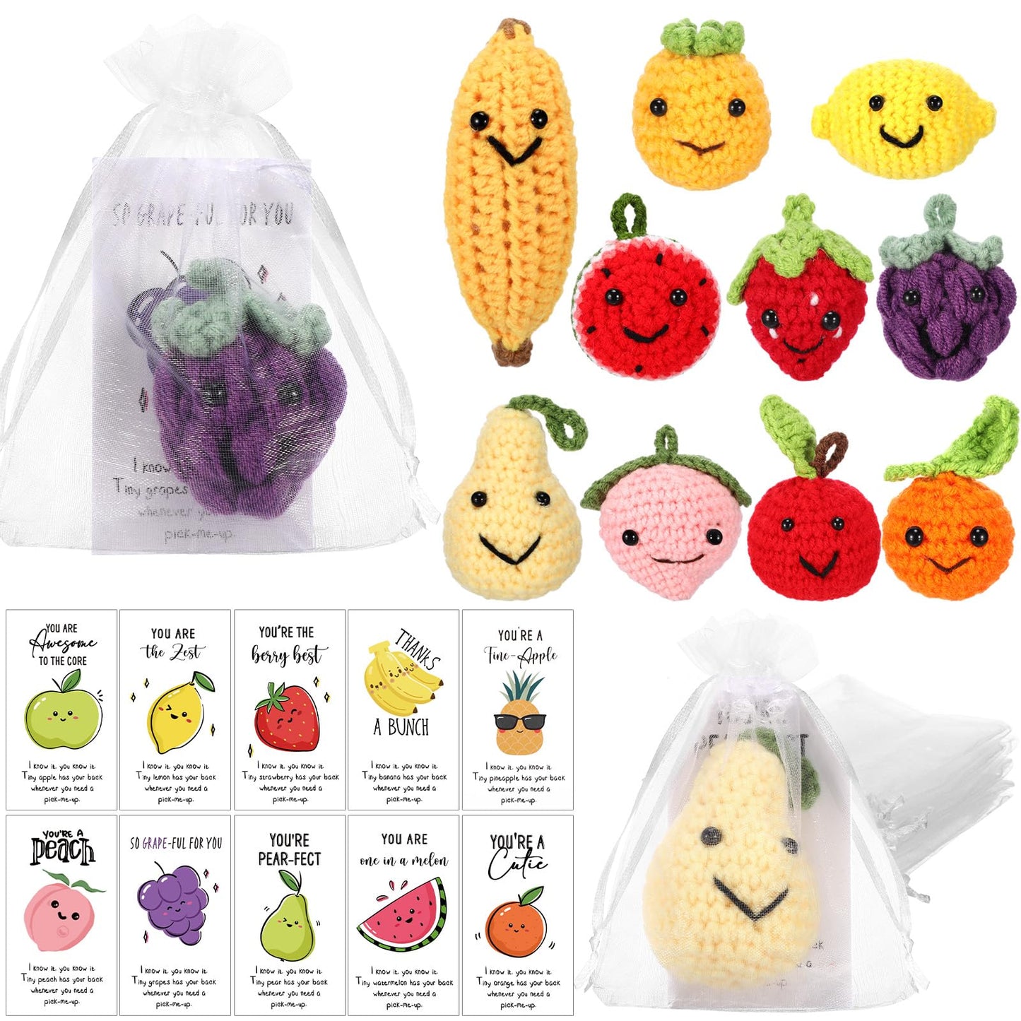 Shappy 10 Sets Inspirational End of Year Gifts Positive Fruit Funny Wool Knitted Dancing Fruit Mini Coworker Appreciation Gift Motivational Pun Card Graduation Party Favor for Teacher Employee Staff