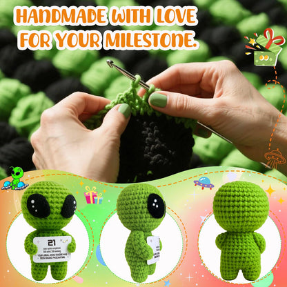 21st Birthday Gifts – Handmade Crochet Alien Plush with Funny Legal Adult Birthday Message Card – Cute 21 Years Old Celebration Gift for Him or Her, Bday Milestone Keepsake