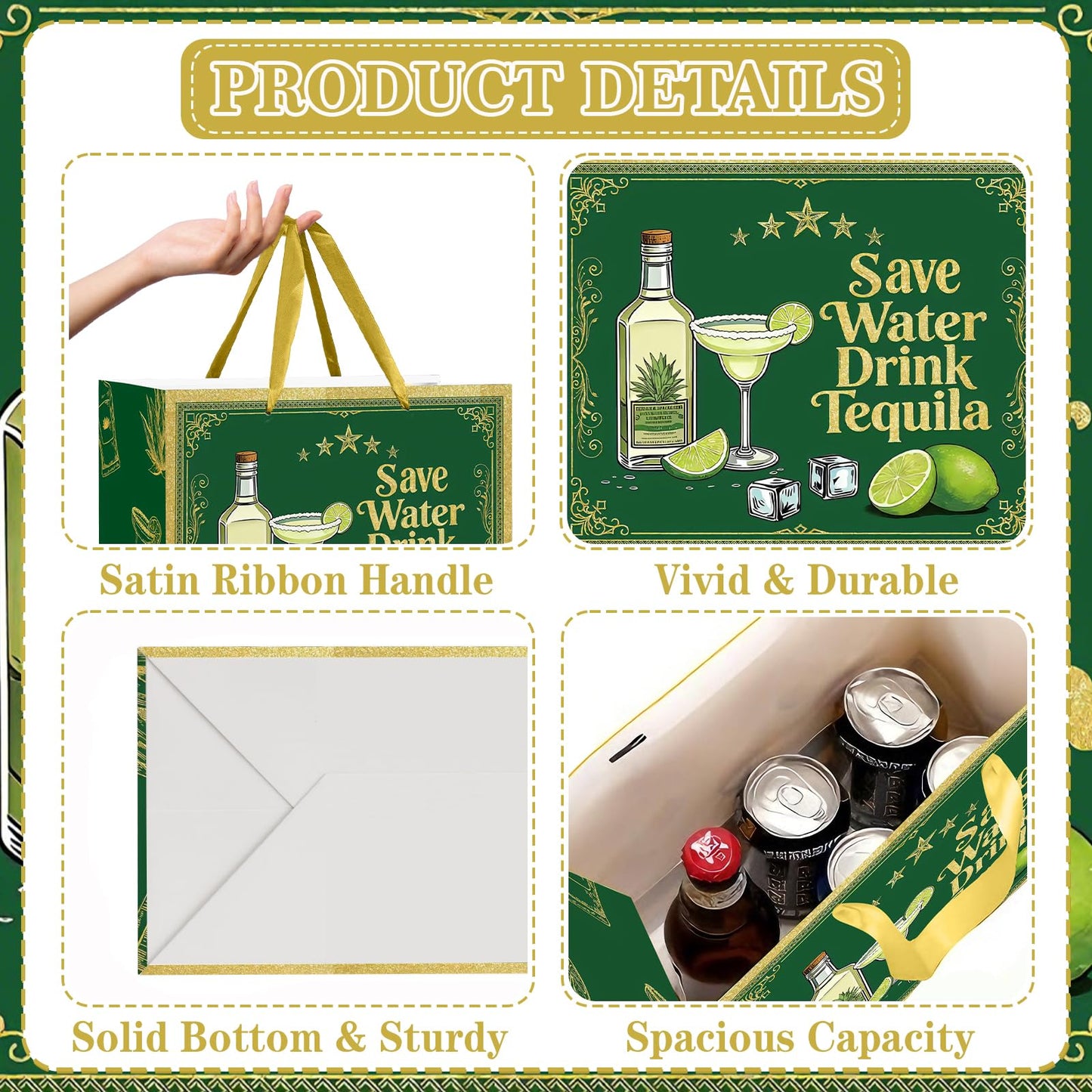 Green Gold Tequila Gift Bag, Margarita All-in-One Set with Greeting Card, Sticker, Envelope, and Tissue Paper, Funny Cocktail Gifts Wrap for Birthday, 21st, Bachelorette, Cinco de Mayo, Mexican Fiesta