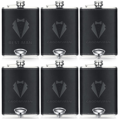 Rtteri Groomsman Gifts Set of 6 Flask for Men 8 oz Groomsman Proposal Gifts Stainless Steel Tuxedo Hip Flask Bachelor Party Favors for Wedding Proposal