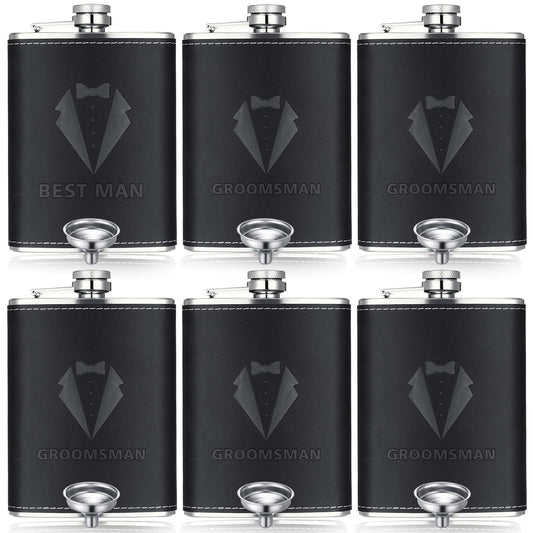 Rtteri Groomsman Gifts Set of 6 Flask for Men 8 oz Groomsman Proposal Gifts Stainless Steel Tuxedo Hip Flask Bachelor Party Favors for Wedding Proposal