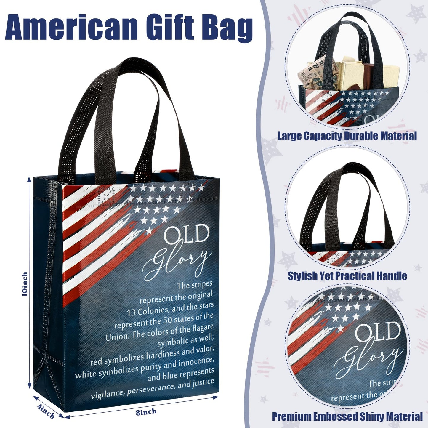 Sweetude 15 250 Anniversary Patriotic Gift Bags Bulk American Flag Theme Bags with Handle Medium Reusable USA Souvenirs Gifts for Church Remembrance Day Party Decorations Favors