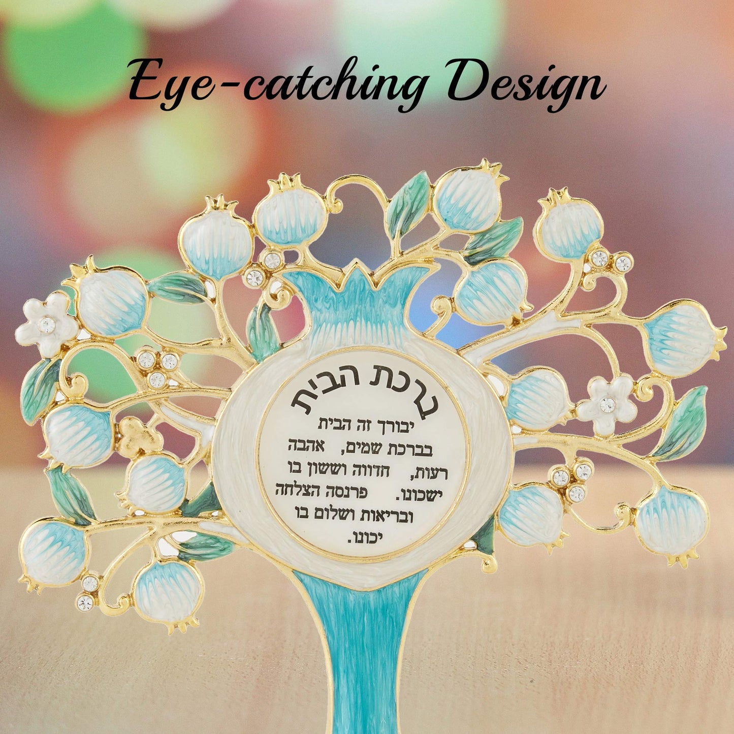 Matashi Hebrew Judaica Tree Shaped Home Blessing Standing Ornament w/Crystals (Pewter) Jewish Home Decor for Kitchen, Living, Family Room Housewarming Gift for Peace, Joy, Happiness, Success