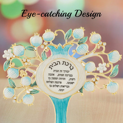 Matashi Hebrew Judaica Tree Shaped Home Blessing Standing Ornament w/Crystals (Pewter) Jewish Home Decor for Kitchen, Living, Family Room Housewarming Gift for Peace, Joy, Happiness, Success