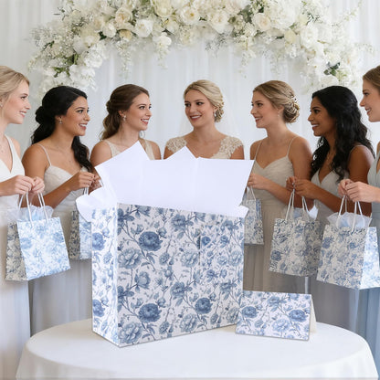 JAYTEM Bridal Shower Gift Bag, 13" Blue and White Large Wedding Gift Bag with Tissue Paper Greeting Card Tag Envelope, Chinoiserie Peony Floral Elegant Gift Bags for Women, Anniversary, Mother's Day, Birthday, Christmas