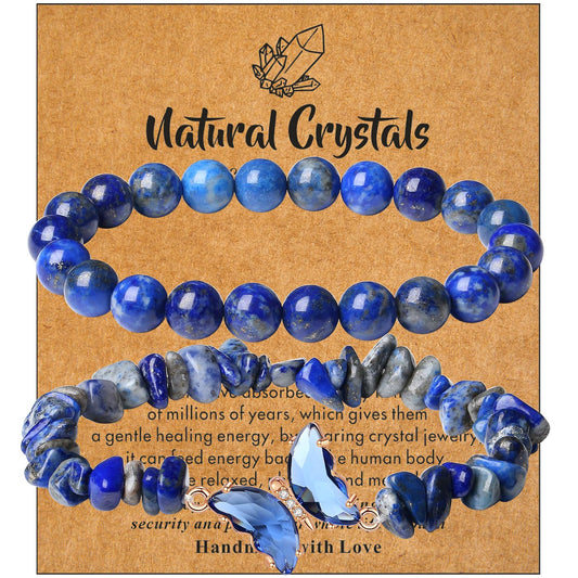 DUQGUHO 2Pcs Butterfly Bracelets for Women Healing Crystals Bracelets for Women Natural Gemstone Bead Bracelet Cute Butterfly Charm Bracelet Stretch 8mm Crystal Jewelry Gifts for Women