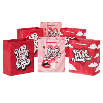Hallmark 6" Small Valentine's Day Gift Bags (6 Bags, 3 Designs: Hello Gorgeous, Pink, Red) for Classroom Exchange, Galentine's Day