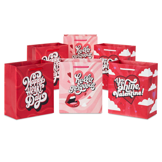 Hallmark 6" Small Valentine's Day Gift Bags (6 Bags, 3 Designs: Hello Gorgeous, Pink, Red) for Classroom Exchange, Galentine's Day