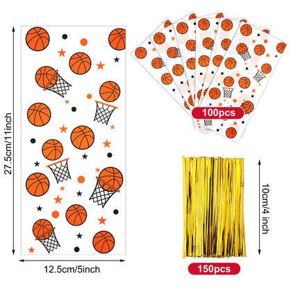 Zonon 100 Pcs Basketball Party Goodie Treat Bags Basketball Theme 5x11 Inch Plastic Cellophane Gift Candy Cookie Snack Sports Bag Birthday with 150 Pcs Gold Twist Ties for Valentines Team Party Favors