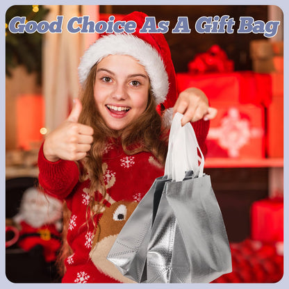 Eccliy 80 Pcs Reusable Gift Bags Set Glossy Grocery Gift Tote Bag with Hadnle for Wedding, Father's Day, Graduation, Summer Event (10 x 8 x 4.7 Inch,Silver)