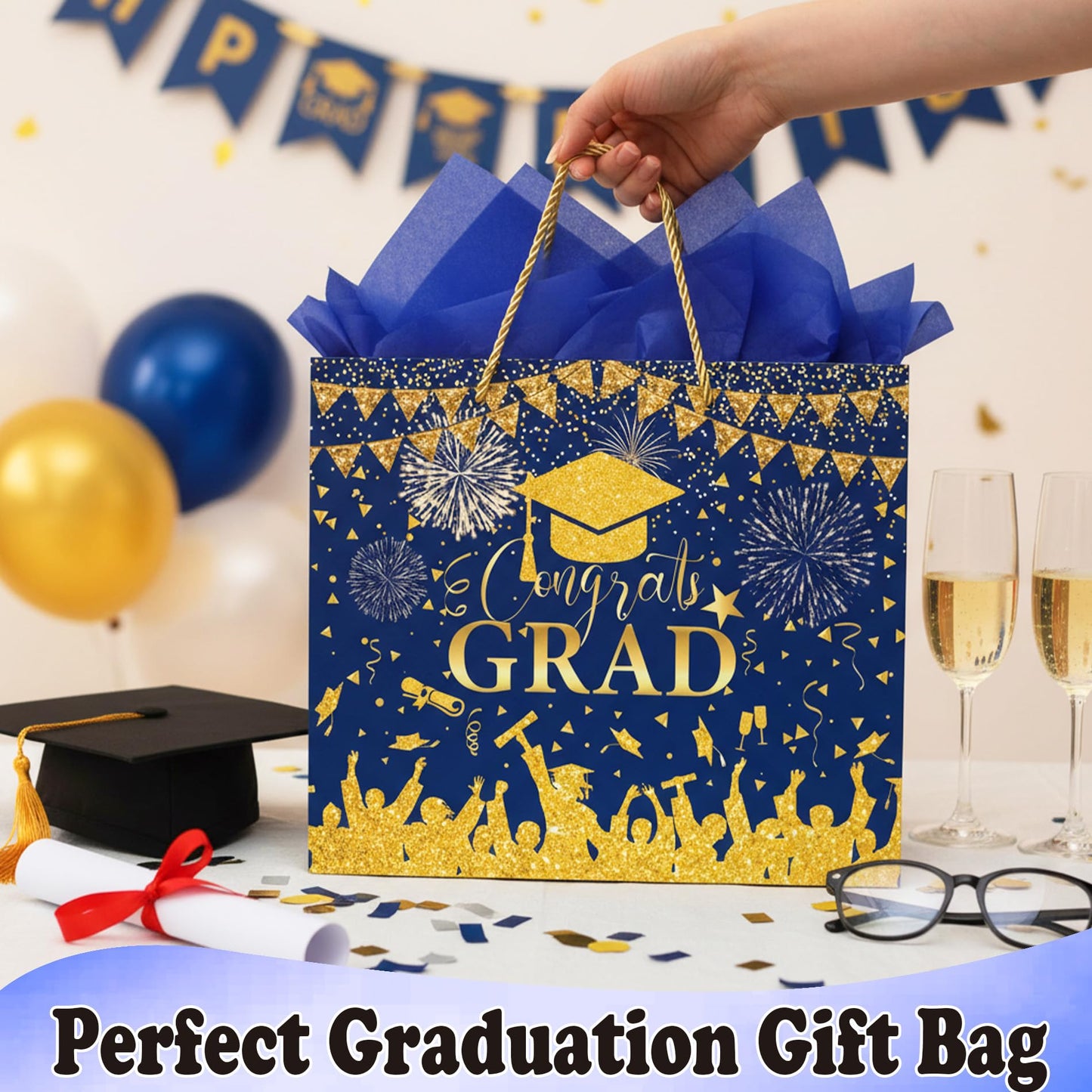 Congrats Gift Bag Class of 2026 - Graduation Gift Bag Blue and Gold Congrats Grad Bags with Card Tissue Paper Envelope Congratulations Gifts Bag for Men Women Student Teacher College Graduation 12 Inch