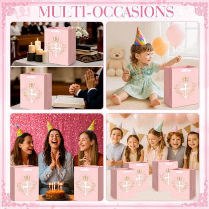 Humyoun 6 Pcs Pink Baptism Christian Religious Gift Bags with Cross Design Bulk 10.6 x8.2 x5.5 First Communion Baptism Confirmation Gift Bag for Baby Wedding Easter Clergy Day