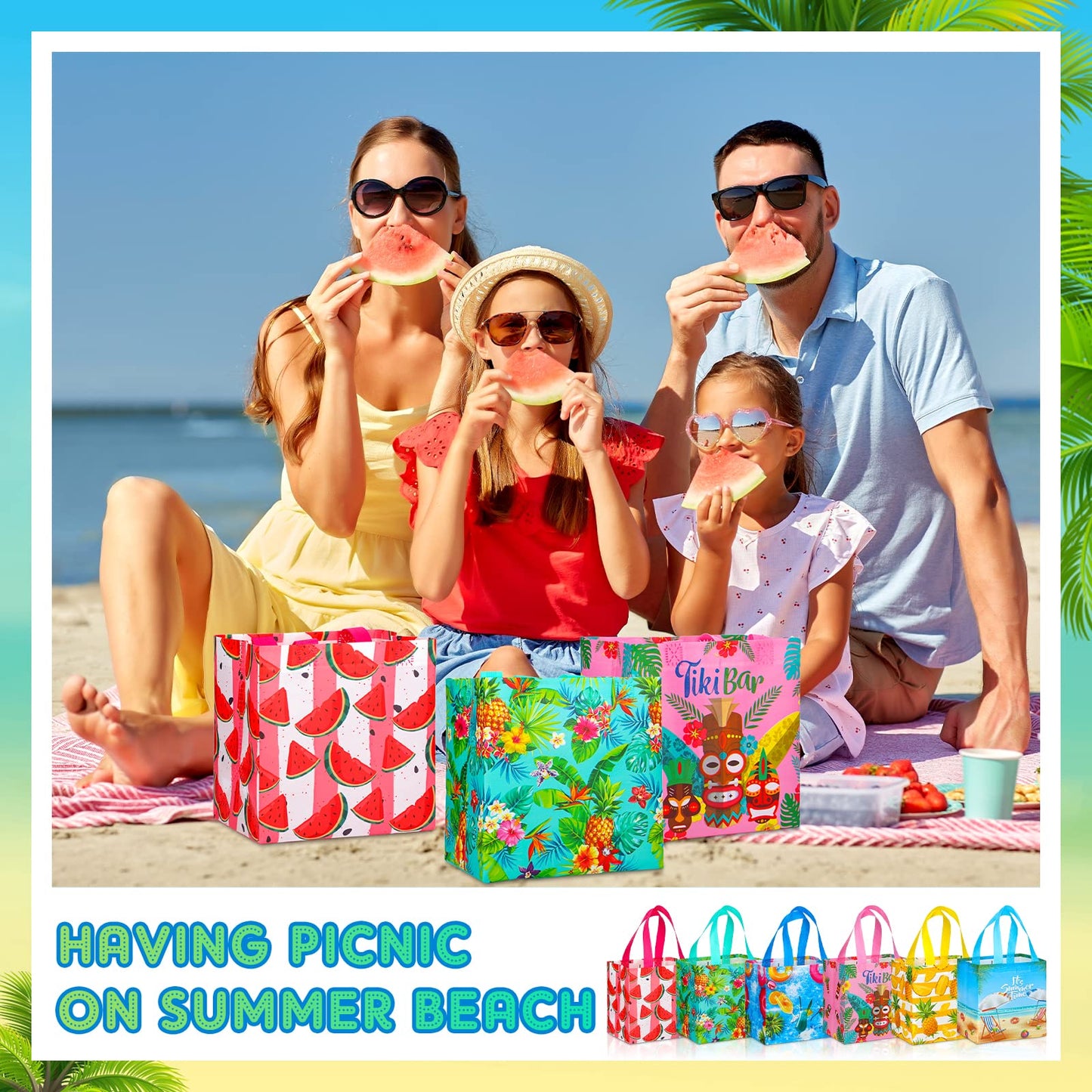 Hillban 60 Pcs 8 x 8 x 6 Inch Summer Party Favor Bags Fruit Gift Treat Bags Hawaii Aloha Goodie Totes Summer Beach Pineapple Watermelon Non Woven Totes with Handles for Party Supplies