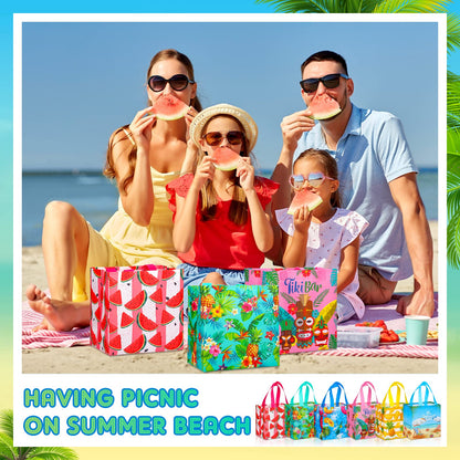 Hillban 60 Pcs 8 x 8 x 6 Inch Summer Party Favor Bags Fruit Gift Treat Bags Hawaii Aloha Goodie Totes Summer Beach Pineapple Watermelon Non Woven Totes with Handles for Party Supplies