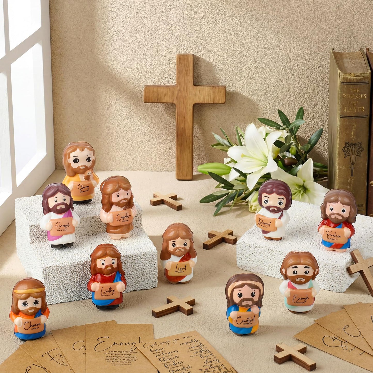 Soulchen 50 Set Fathers Day Jesus Gifts Bulk, 2.36 Inch Large Jesus Figures Stress Ball with Prayer Card and Organza Bag, Inspirational Christian Gifts for Church, Party Favor, Desk Decor (Scripture)