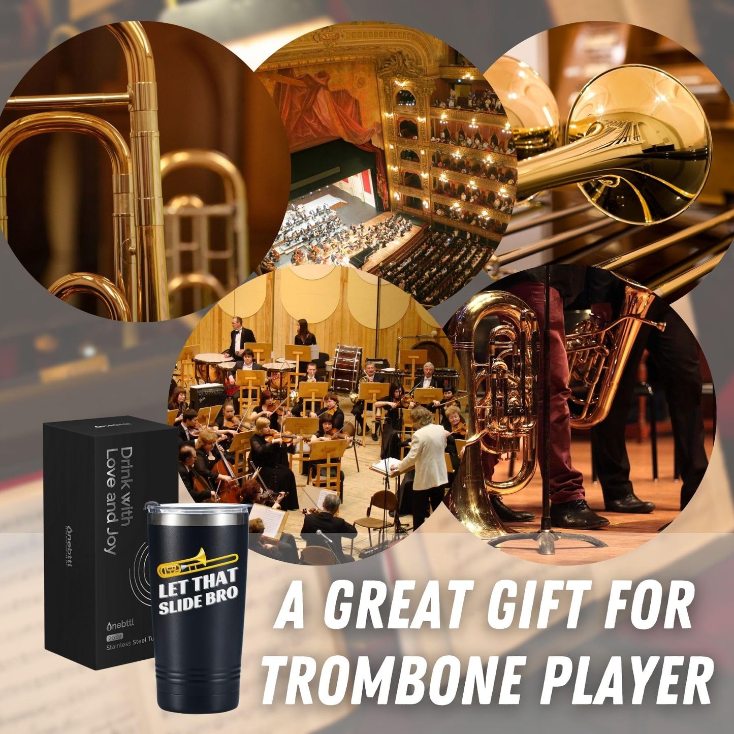 Onebttl Trombone Gifts for Trombonist Player - Let That Slide Bro 20oz Tumbler - Musician Marching Band Travel Coffee Mug