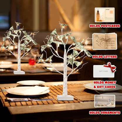 PEIDUO Set of 2 Money Trees, Lighted 22Inch 24LT White Birth Tree with Clips and Greeting Cards, Gift Card Holder for Birthday,Christmas, Wedding, Father's Day Graduation Gifts, Money Tree Gift Holder