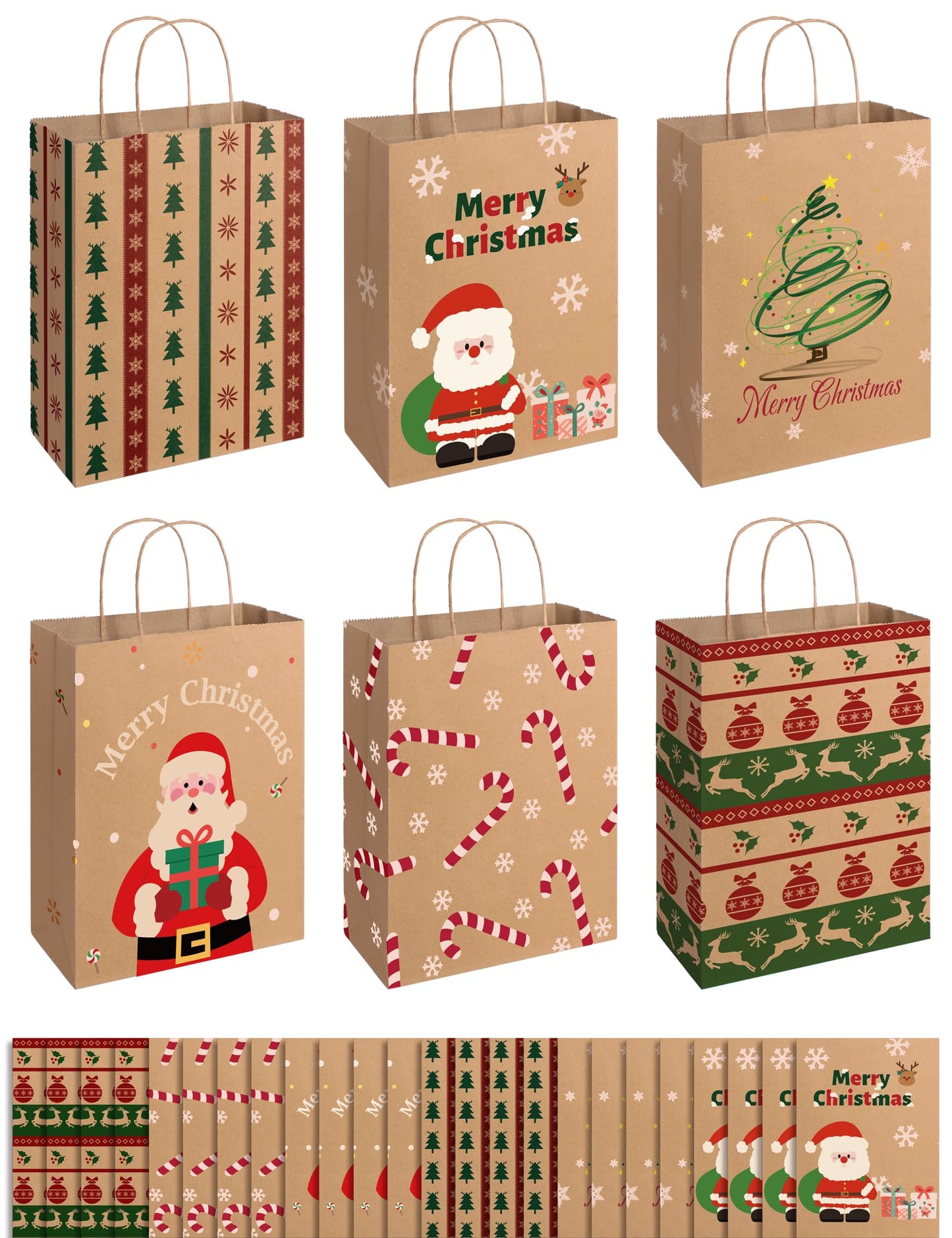 SUNEE Christmas Gift Bags, 24 Pack Christmas Bags for Gifts with Handles, 6 Assorted Kraft Paper Gift Bags Bulk with Xmas Tree, Santa Claus, Candy Designs, 7.28*3.15*8.7 Goodie Bags for Kids, Small Size