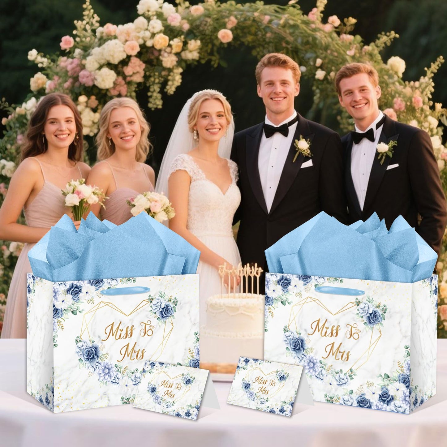 EIGHTSTATES Boho Bridal Shower Gift Bag Blue Floral Miss to Mrs Gift Bags with Card Tissue Bridal Shower Gift Wrapping Paper Bag for Weddings Bachelorette Parties Bridal Showers