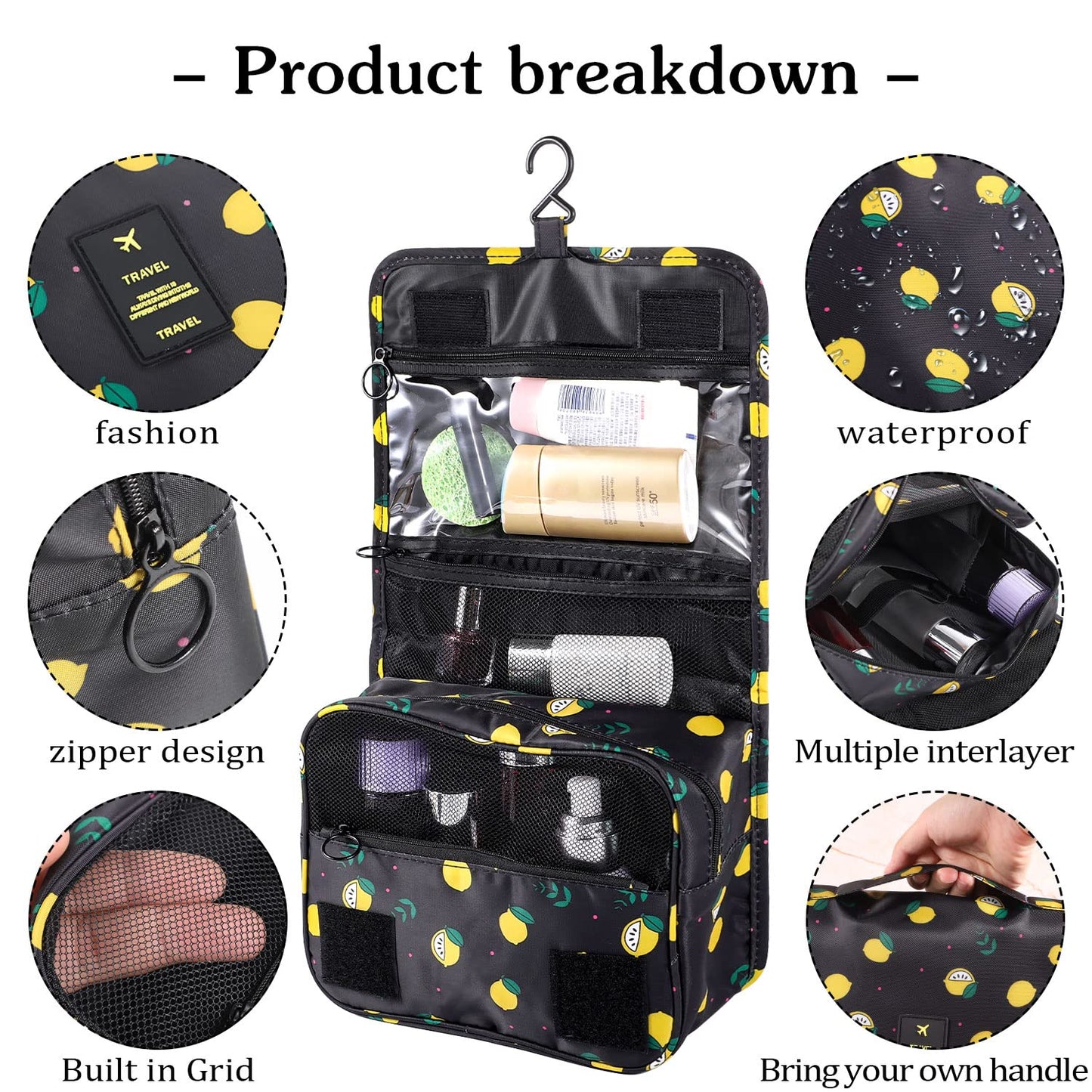 Pengxiaomei Hanging Toiletry Bag, Black Waterproof Cosmetic Bag Portable Lemon Makeup Pouch Travel Wash Bag with Handle for Kids Teen Girls Birthday Mothers Day Gifts
