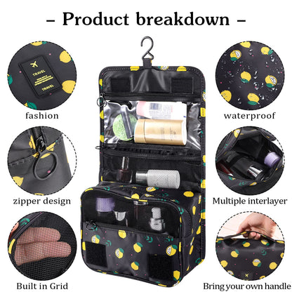 Pengxiaomei Hanging Toiletry Bag, Black Waterproof Cosmetic Bag Portable Lemon Makeup Pouch Travel Wash Bag with Handle for Kids Teen Girls Birthday Mothers Day Gifts