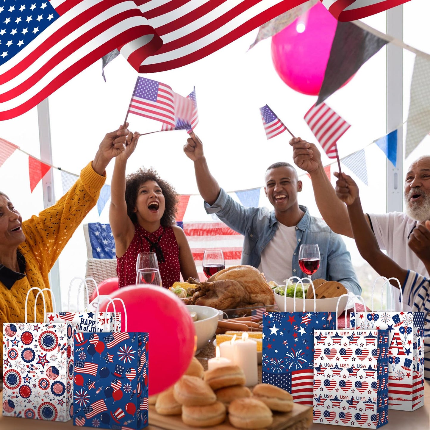 Glenmal 24 Pcs 4th of July Gift Bags with Handle Patriotic Red Blue White Gift American Flag Paper Candy Treat Goodie Bags for Wrapping Memorial Day Independence Day Party Favor