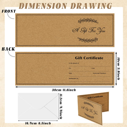 Sinmoe 50 Sets Gift Certificates for Business Kraft Blank Gift Certificate Cards with 50 Pcs Envelopes for Beauty Salon Restaurant Business Birthday Client Wedding 3.9 x 5.9 Inch(Dark Brown,Classic)