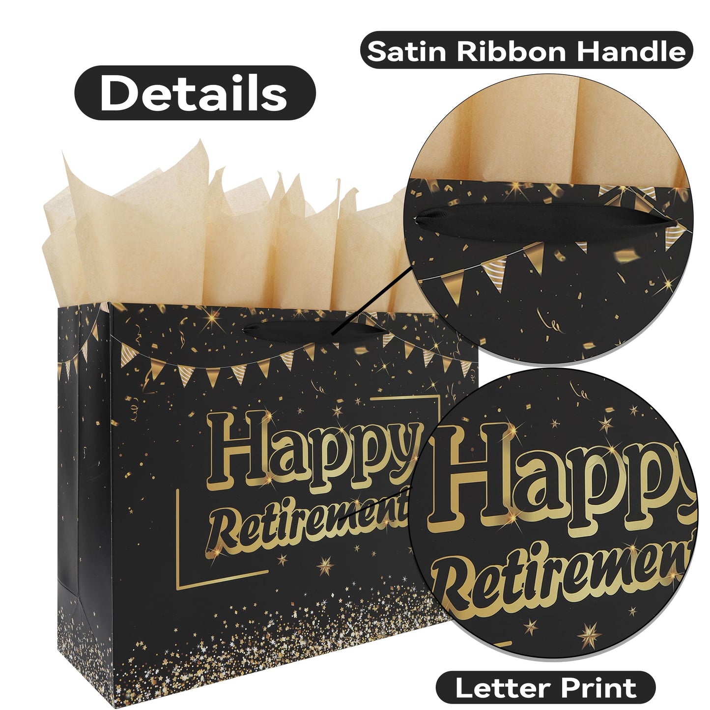 16.5” Extra Large Black Retirement Gift Bag Set with Handles, Greeting Card, Tissue Papers and Stickers for Men Women Office Coworker, Farewell Going Away Party, Happy Retirement Design, 1 Pcs