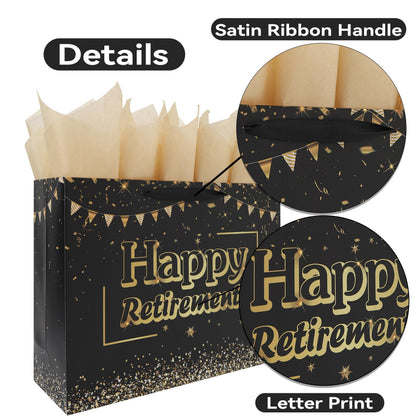 16.5” Extra Large Black Retirement Gift Bag Set with Handles, Greeting Card, Tissue Papers and Stickers for Men Women Office Coworker, Farewell Going Away Party, Happy Retirement Design, 1 Pcs