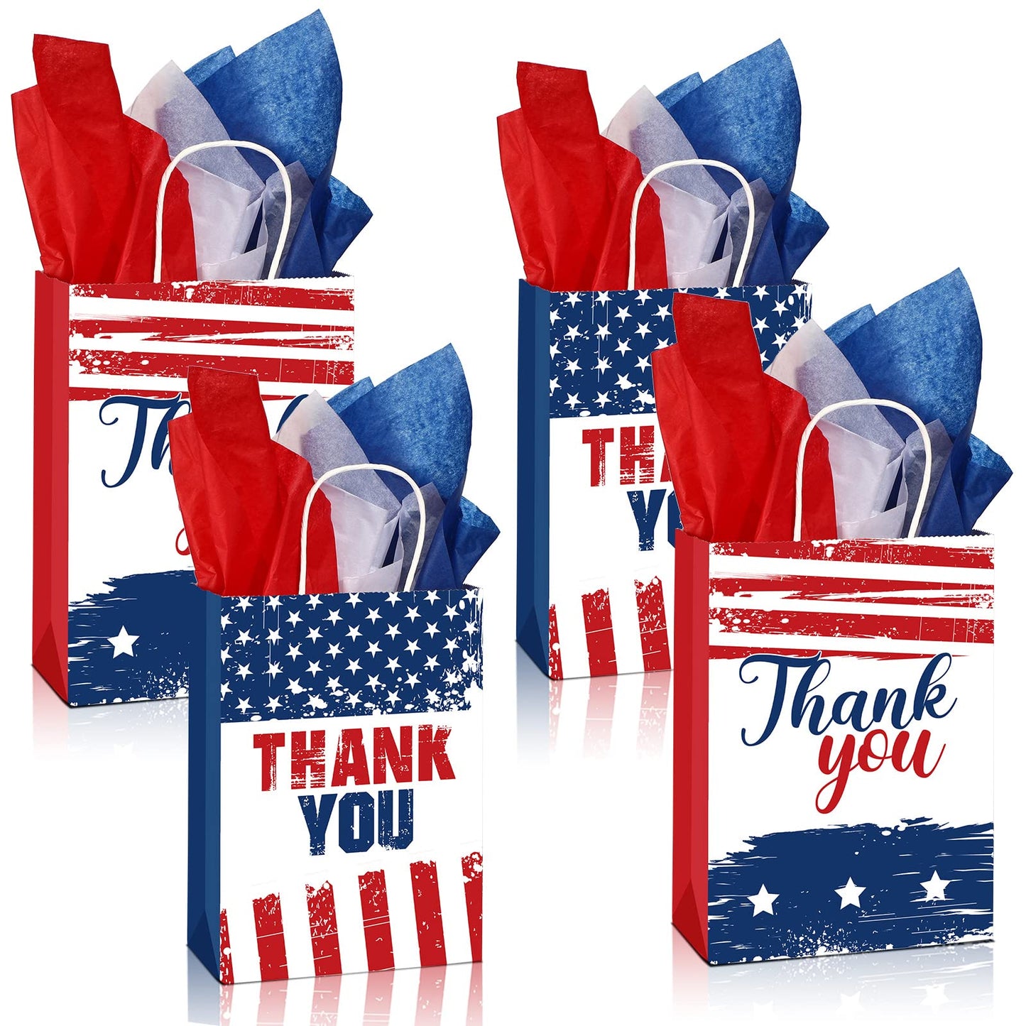 16 Pcs Patriotic Thank You Gift Bags with 18 Red White Blue Tissue Paper American Flag Party Favor USA Paper Treat Goodie Bags with Handle for 4th of July Veterans Memorial Independence Day Party