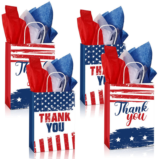16 Pcs Patriotic Thank You Gift Bags with 18 Red White Blue Tissue Paper American Flag Party Favor USA Paper Treat Goodie Bags with Handle for 4th of July Veterans Memorial Independence Day Party