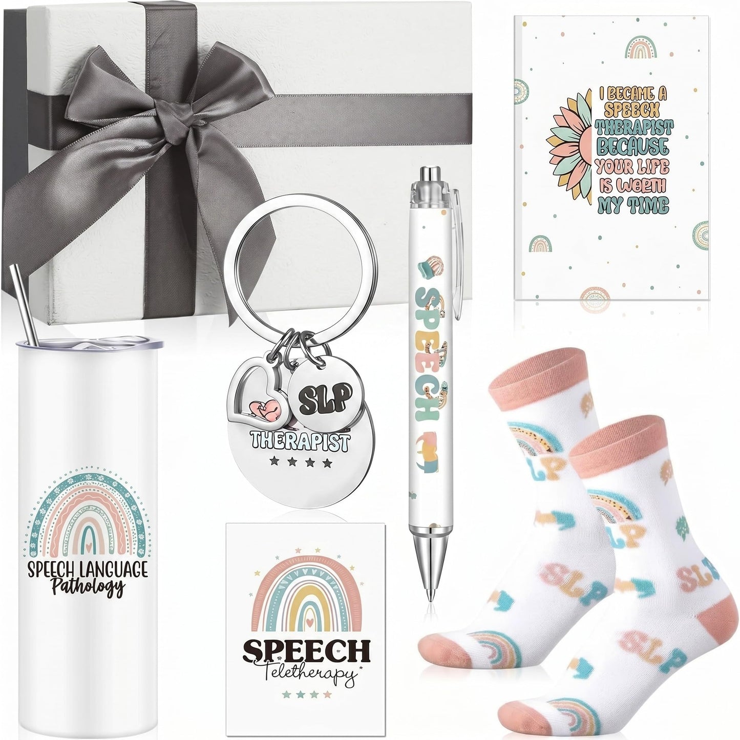 Patelai 7 Pcs Speech Therapist Appreciation Gifts Set Speech Language Pathologist Day 16 oz Tumbler Notebook Pen Keychain Sock Greeting Card and Box Slp Graduation Gift for Teacher Therapist Birthday