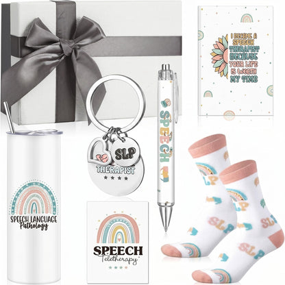Patelai 7 Pcs Speech Therapist Appreciation Gifts Set Speech Language Pathologist Day 16 oz Tumbler Notebook Pen Keychain Sock Greeting Card and Box Slp Graduation Gift for Teacher Therapist Birthday