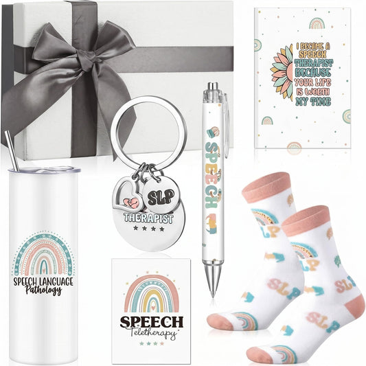 Patelai 7 Pcs Speech Therapist Appreciation Gifts Set Speech Language Pathologist Day 16 oz Tumbler Notebook Pen Keychain Sock Greeting Card and Box Slp Graduation Gift for Teacher Therapist Birthday