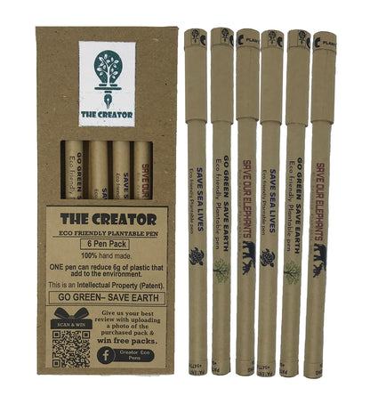 THE CREATOR The CREATOR - PLANTABLE Pens One pen reduces 6g of plastic added to the environment Go Green - Save Earth Give a gift that speaks to the Heart, Pack of (6), WILDLIFE Theme, Brown
