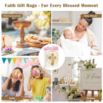 FaCraft Religious Gift Bag with Tissue Paper - Gold Cross First Communion Baptism Gift Bag for Boys Girl Baby Women Men - Catholic Christian Bags with Handle for Christenings Easter Wedding Clergy Day