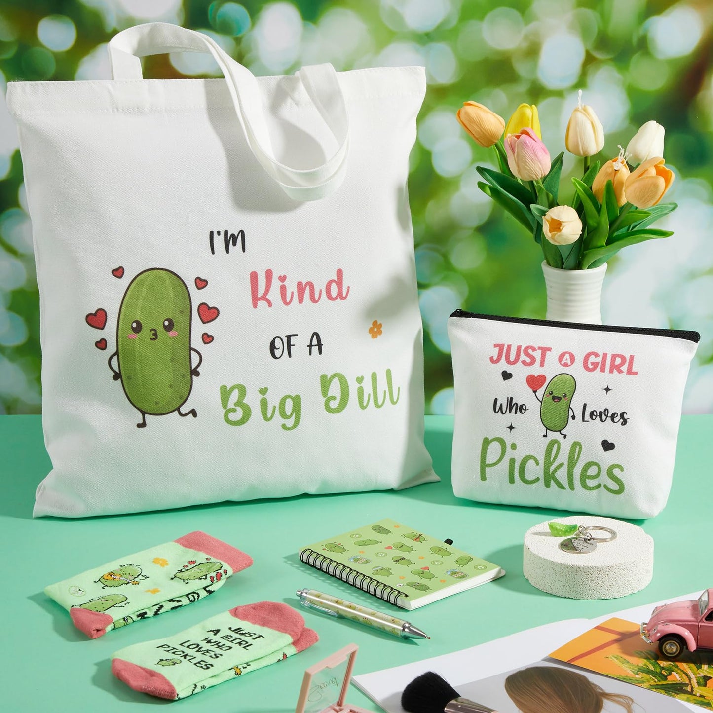 Gilprop 6 Pcs Pickle Gifts for Pickles Lovers Shopping Tote Bag Keychain Cosmetic Bag Sock Spiral Notebook Ballpoint Pen Just a Girl Who Loves Pickles Birthday Christmas Gift Pickle Gift Set for Women