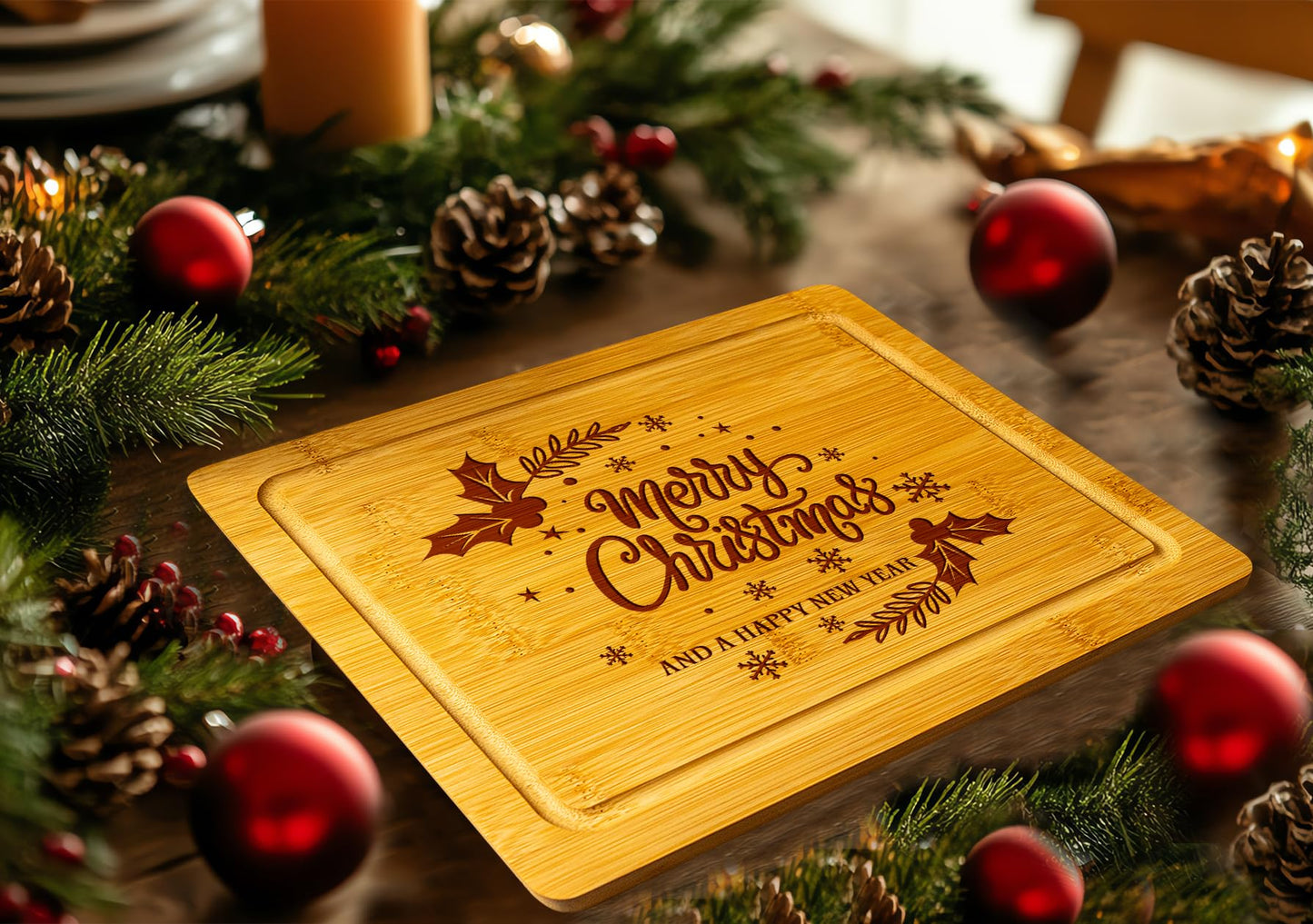 Christmas Themed Wood Cutting Board - Unique Christmas 2024 Gift For Kitchen - Decorative Christmas Serving Tray