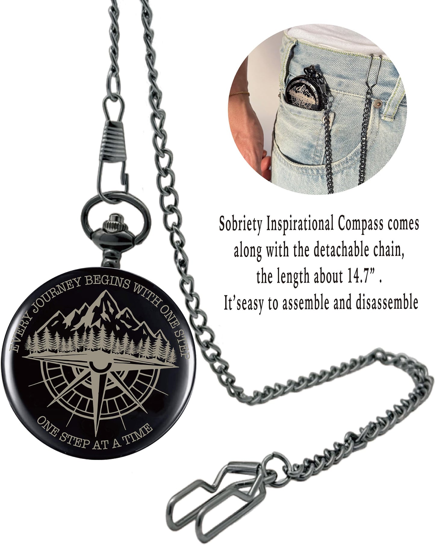 Sobriety Gifts Men, One Step at A Time Gifts Pocket Compass Black, Sobriety Pocket Token, Alcoholics Anonymous Gift, Inspirational Recovery Gift for Men from Addiction, Sober Gifts for Him Husband
