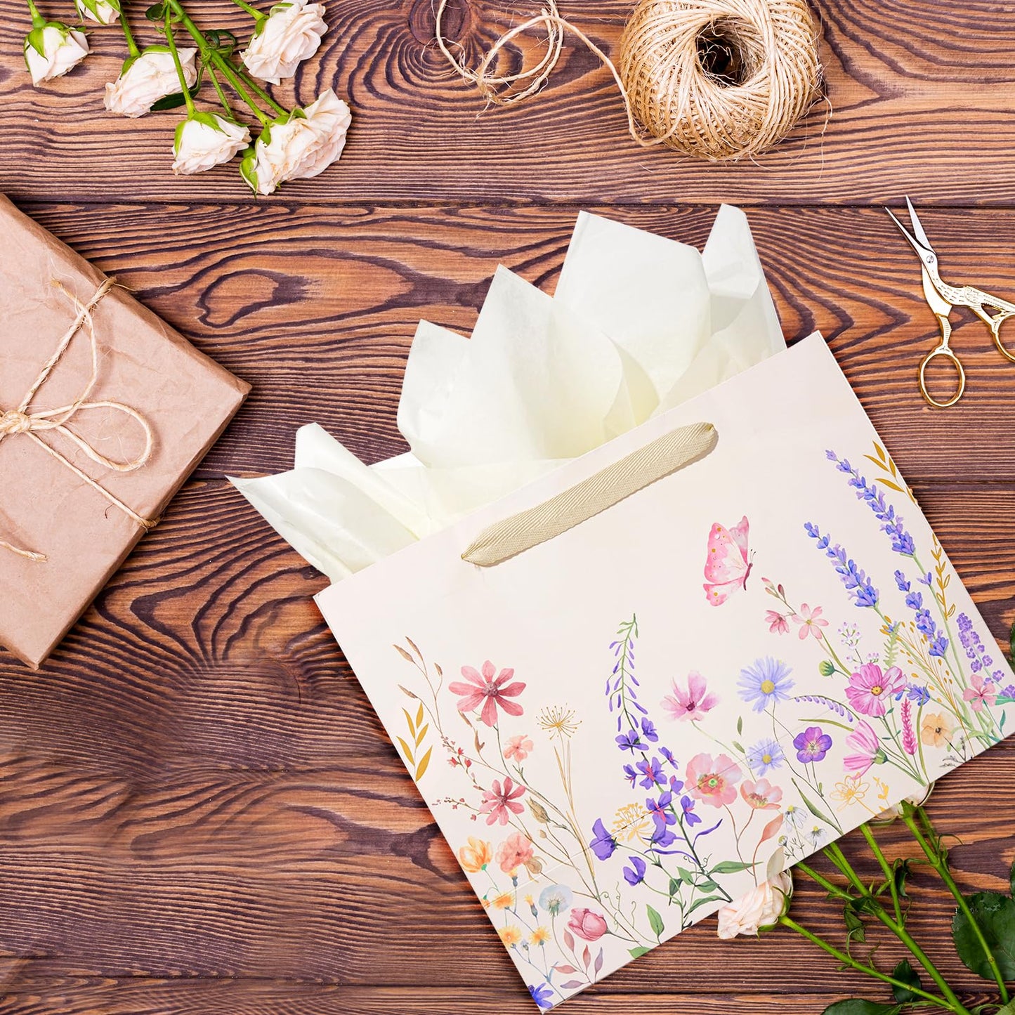 Miakutho 13" Large Gift Bag with Tissue Paper and Card (Floral Design, Gold Foil Accents), 2 Pack Paper Bags with Ribbon Handle for Girls & Women, Birthdays, Baby Shower, Weddings