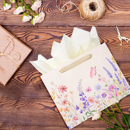 Miakutho 13" Large Gift Bag with Tissue Paper and Card (Floral Design, Gold Foil Accents), 2 Pack Paper Bags with Ribbon Handle for Girls & Women, Birthdays, Baby Shower, Weddings