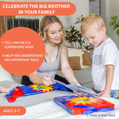 Tickle & Main Big Brother Gifts for Boy - 3-Piece Satin Superhero Cape & Mask with Storybook, Ages 2+, X-Large, Blue/Red/Yellow - Big Brother Superhero Cape Gift