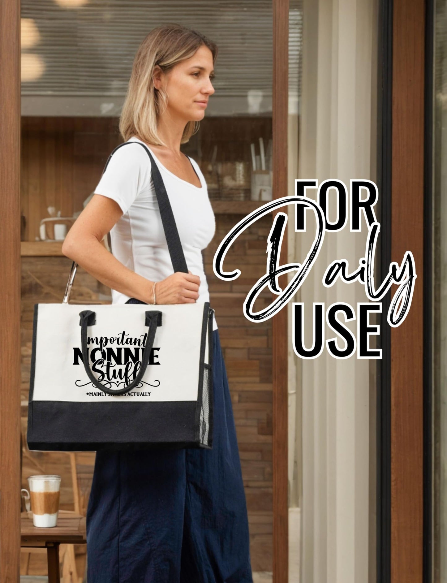 InnoBeta Nonnie Gifts Canvas Tote Bag for Grandma, Important NONNIE Stuff Bag with Top Zipper Closure and Shoulder Strap for Birthday, Mother's Day, Christmas