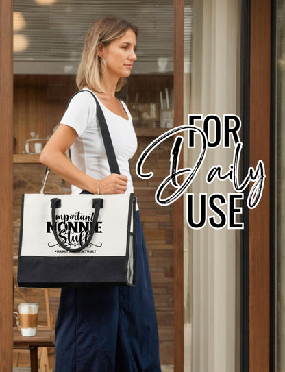 InnoBeta Nonnie Gifts Canvas Tote Bag for Grandma, Important NONNIE Stuff Bag with Top Zipper Closure and Shoulder Strap for Birthday, Mother's Day, Christmas